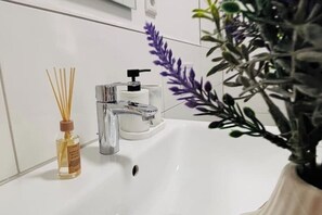 Dusche, Haartrockner, Handtücher, Toilettenpapier