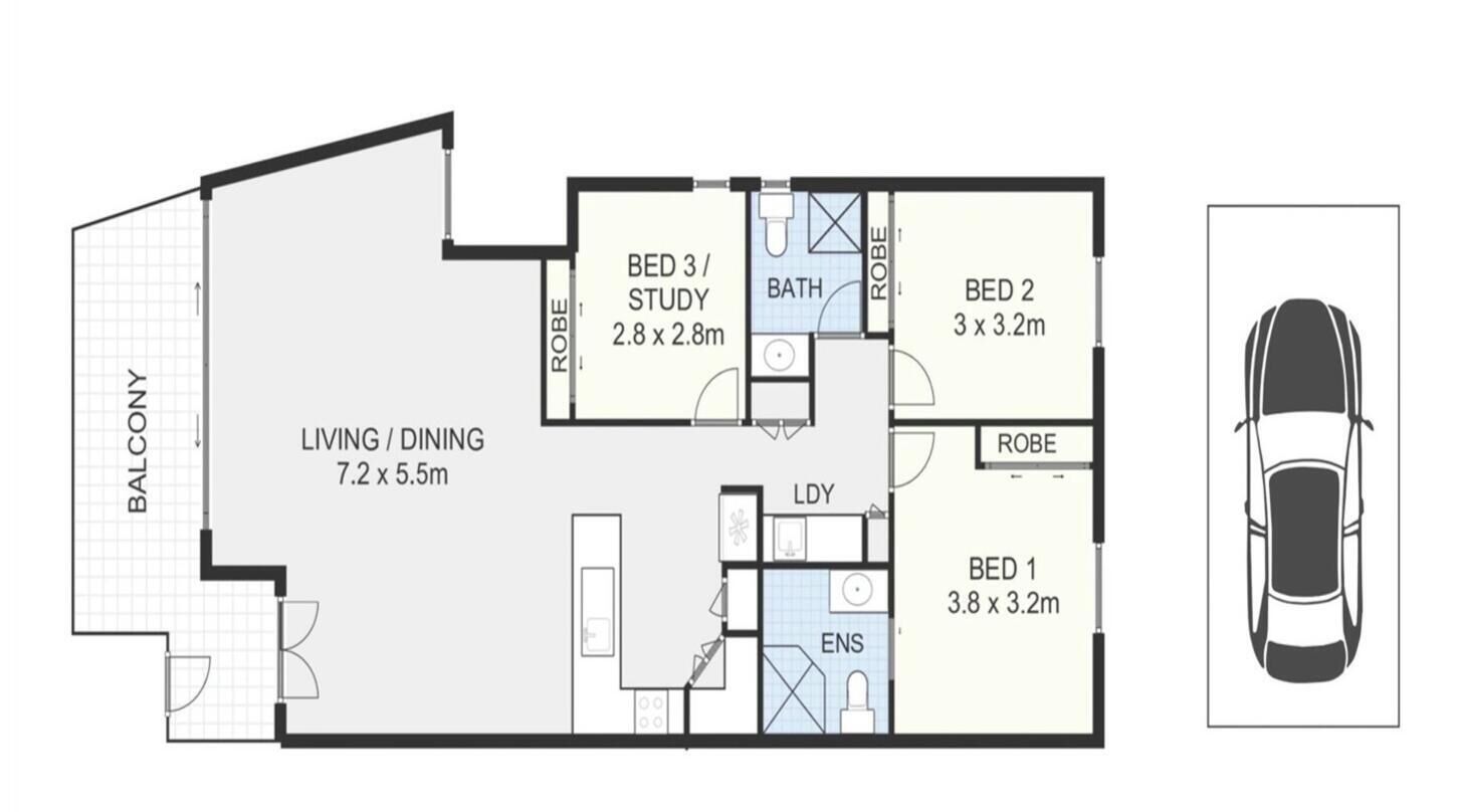 A floor plan of a hotel room with a balcony, a living/dining area, three bedrooms, a bathroom, a robe, a laundry area, and an entrance.