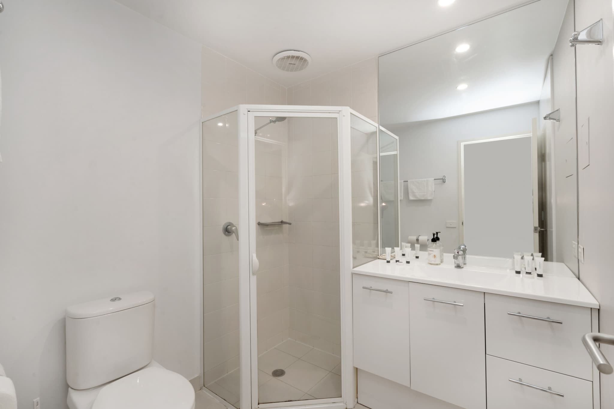 A modern bathroom with a glass-enclosed shower, a white toilet, and a vanity with a large mirror and toiletries.
