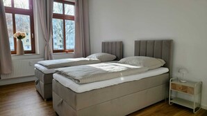 Une chambre avec deux lits, une table de chevet et une fenêtre avec des rideaux.