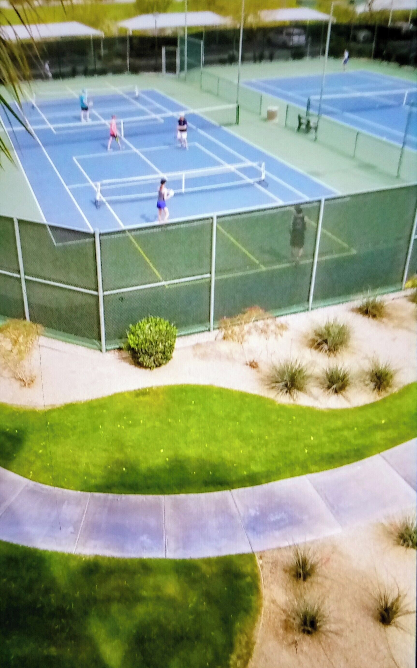 Un court de tennis en plein air, doté d’un filet, entouré d’une clôture et bordé d’une zone herbeuse avec de petits arbustes.