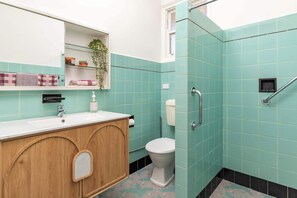 Shower, hair dryer, towels, shampoo