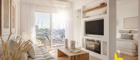 Smart TV, fireplace, books