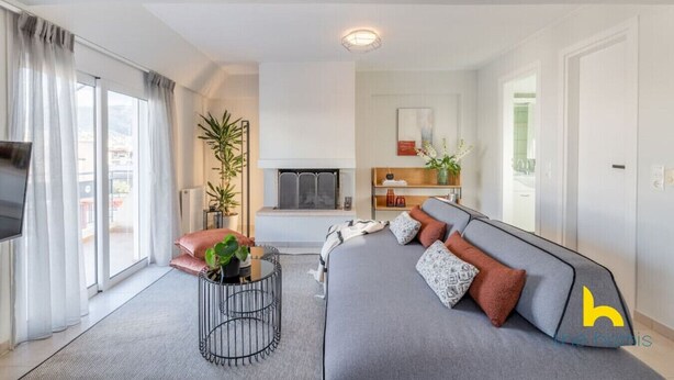 A modern living room with a grey sofa, a small round coffee table, and a fireplace. There is a TV on the left and a plant on the right. - 3-Storey Family Home, City View & Private Parking! (Athina)