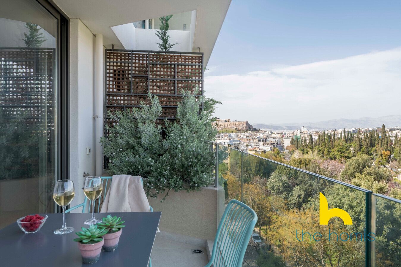 A balcony with a table, two glasses of white wine, a bowl of raspberries, and a potted plant.