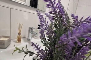 Dusche, Haartrockner, Handtücher, Toilettenpapier