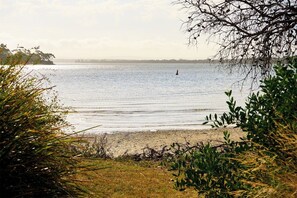 Ein Strand mit klarem Wasser, sandigem Ufer und etwas Vegetation im Vordergrund.