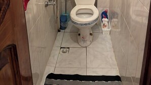 A small, tiled bathroom with a toilet, a shower, and a red towel hanging on the door. - Qesr Town Hotel (Baku)