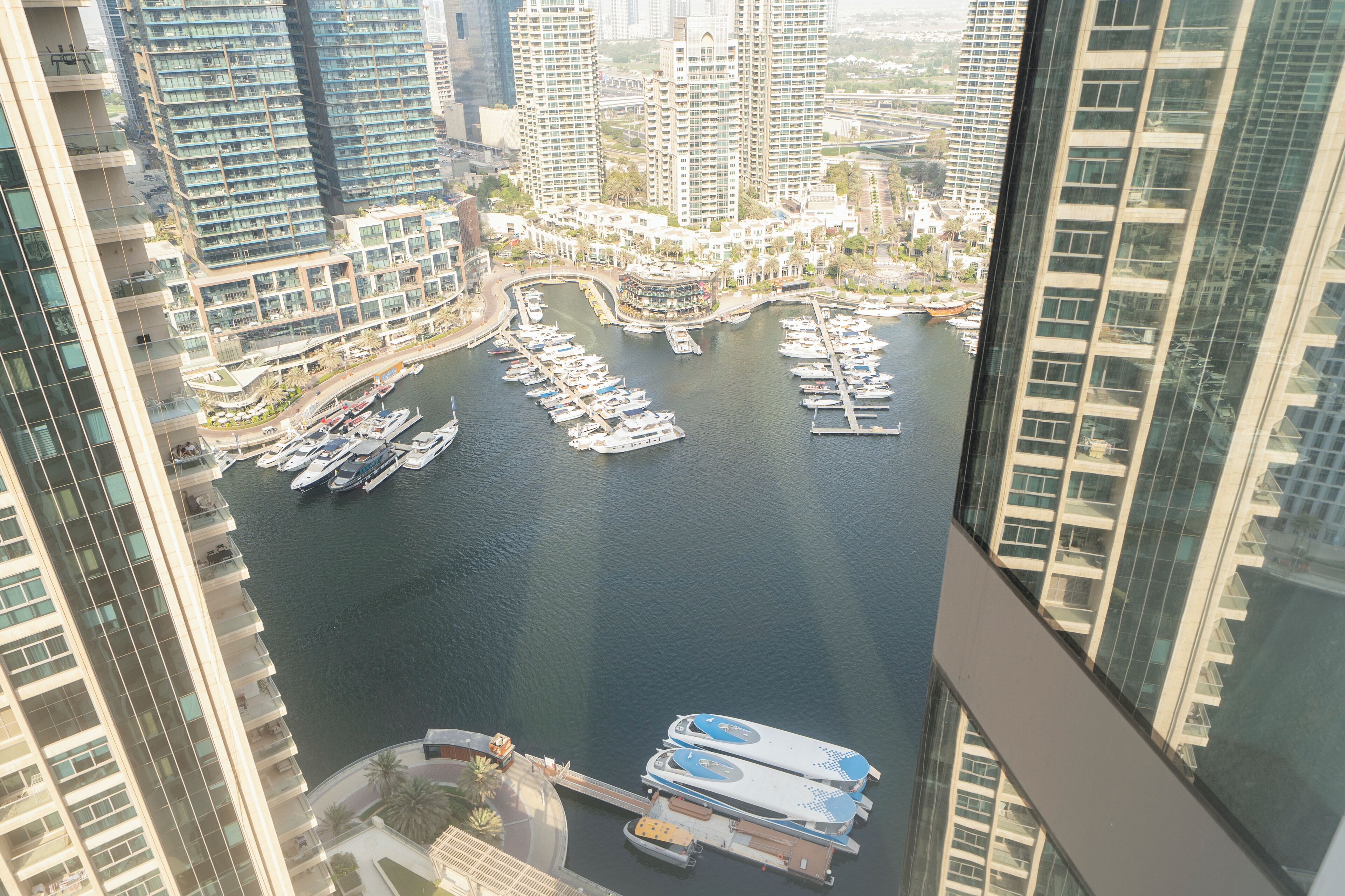 A high-rise building overlooking a marina with multiple boats docked.