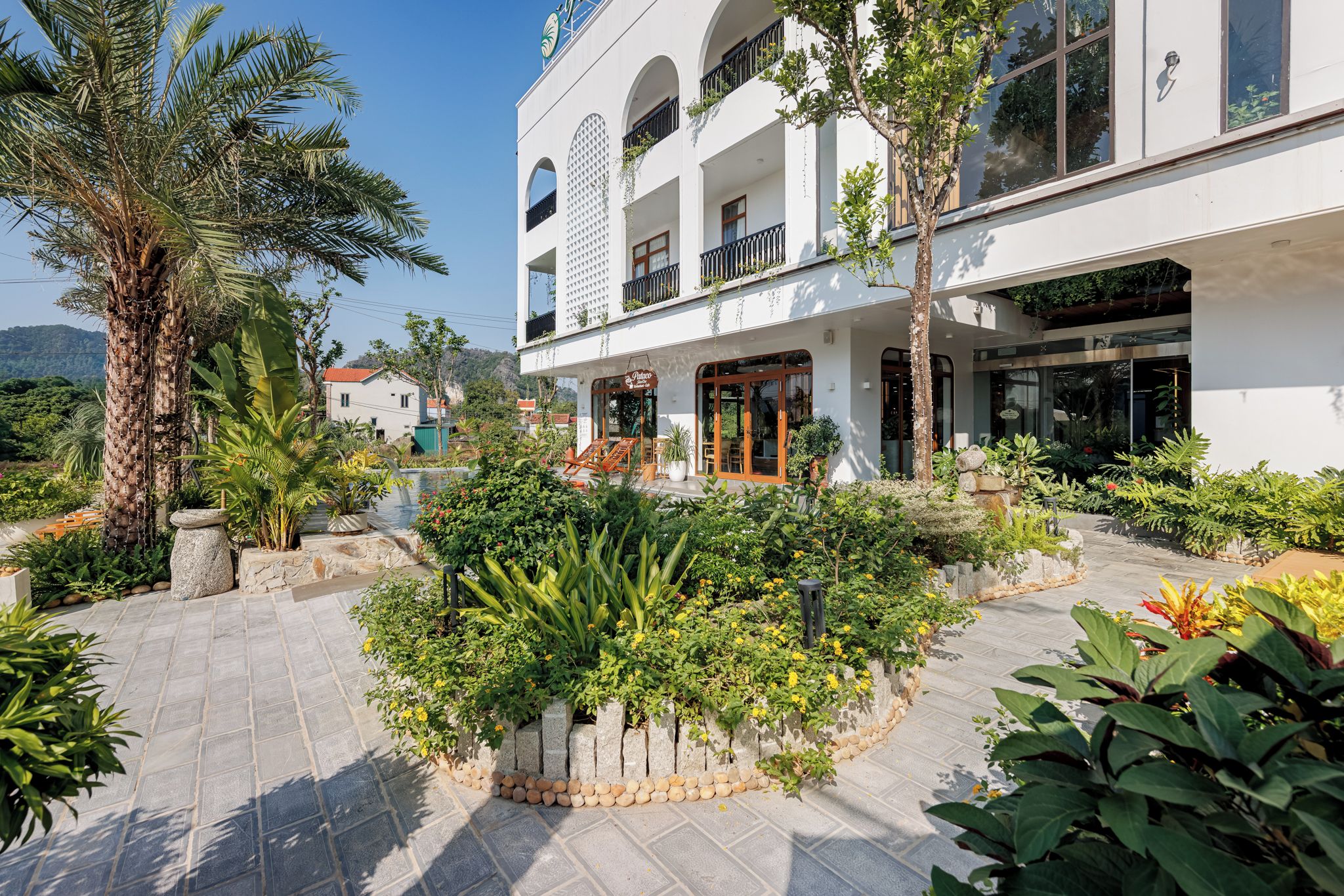 Une cour d’hôtel avec une piscine, des palmiers et diverses plantes.