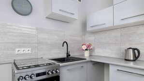 Una cucina moderna con piano cottura a gas, lavello e bollitore in acciaio inossidabile.