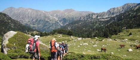 A mountainous landscape with hikers on a trail.