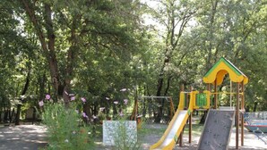 A playground with a slide and climbing structures, surrounded by trees and flowers. - Chalet with Terrace for 6 people (Neffes)