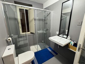 Un baño moderno con ducha de vidrio, un lavamanos blanco y un espejo encima.