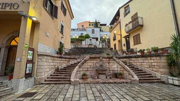 Eine Steintreppe führt zu einem Gebäudeeingang, der von einem Brunnen und Kübelpflanzen gesäumt ist.