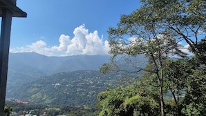 Blick von einer erhöhten Position über ein Tal mit verstreuten Gebäuden, dichtem Grün und fernen Bergen unter blauem Himmel.
