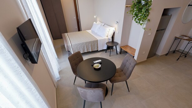 Moderni hotellihuone, jossa on sänky, pieni pöytä, kaksi tuolia, televisio ja huonekasvi.