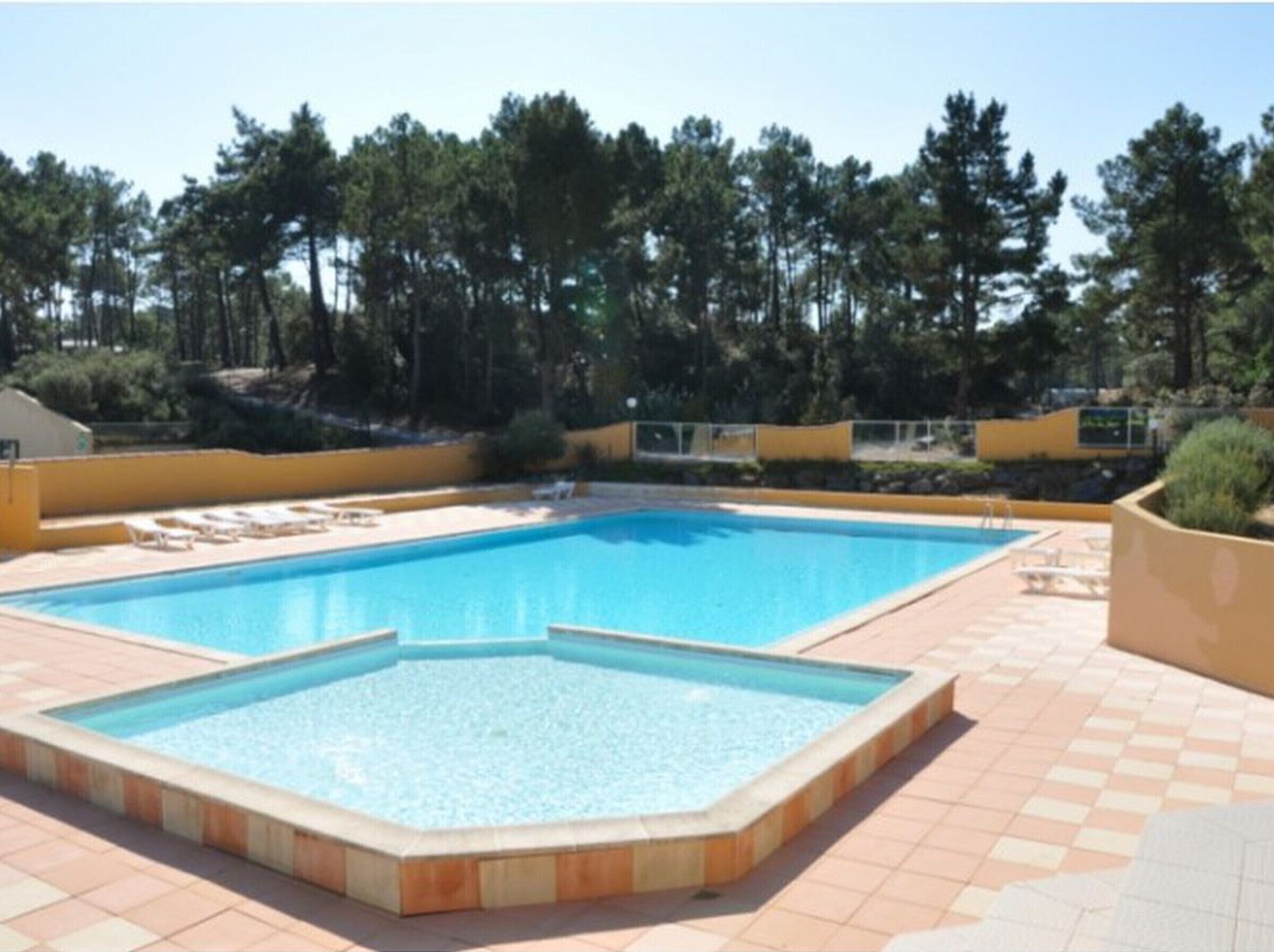 Una piscina rettangolare con bordo piastrellato, sullo sfondo alberi e un cielo sereno.