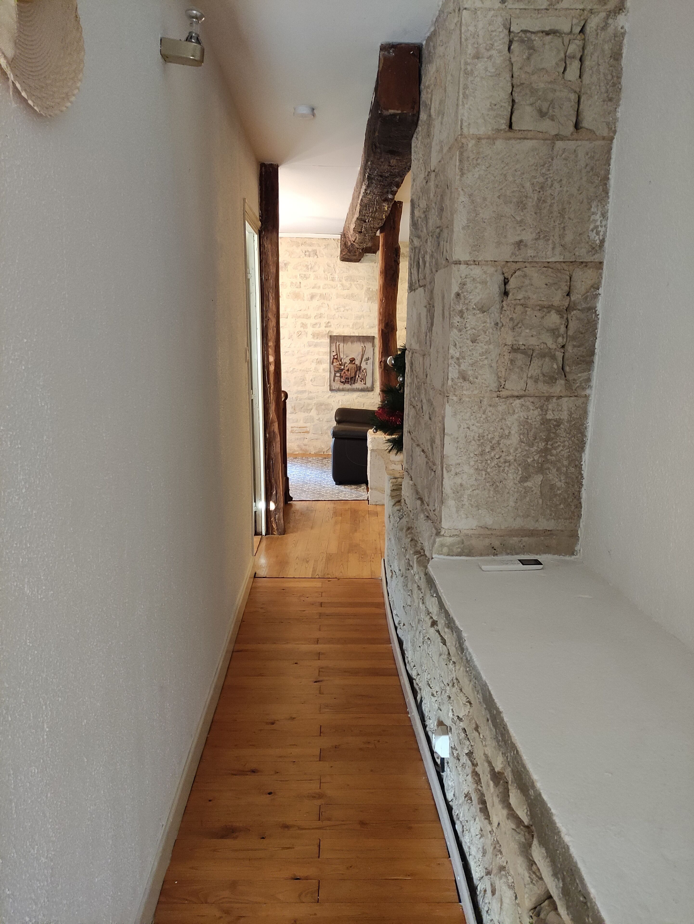 A narrow hallway with wooden flooring, a stone wall, and a white door.