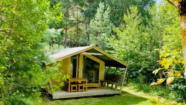 Una petita cabana de fusta amb un porxo i una taula, envoltada per un bosc dens.