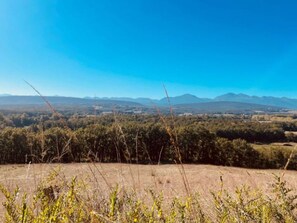 A landscape with a clear sky, distant mountains, and a field with sparse vegetation.