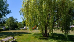 Ein Park mit Picknicktisch, Spielplatz und einer Trauerweide.