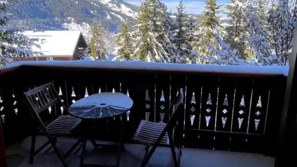Een balkon met uitzicht op besneeuwde bergen en bomen.