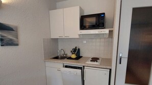 A compact kitchen with white cabinets, a microwave, a sink, and a dishwasher. - 22m² Studio for 4 near slopes (Les Deux Alpes)