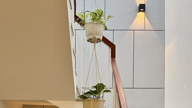 A staircase with a wooden handrail, a potted plant on the left, and a wall-mounted light fixture on the right. - Dreamy homestay Hue (Hue)