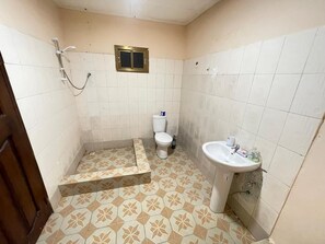 Shower, towels, soap, toilet paper