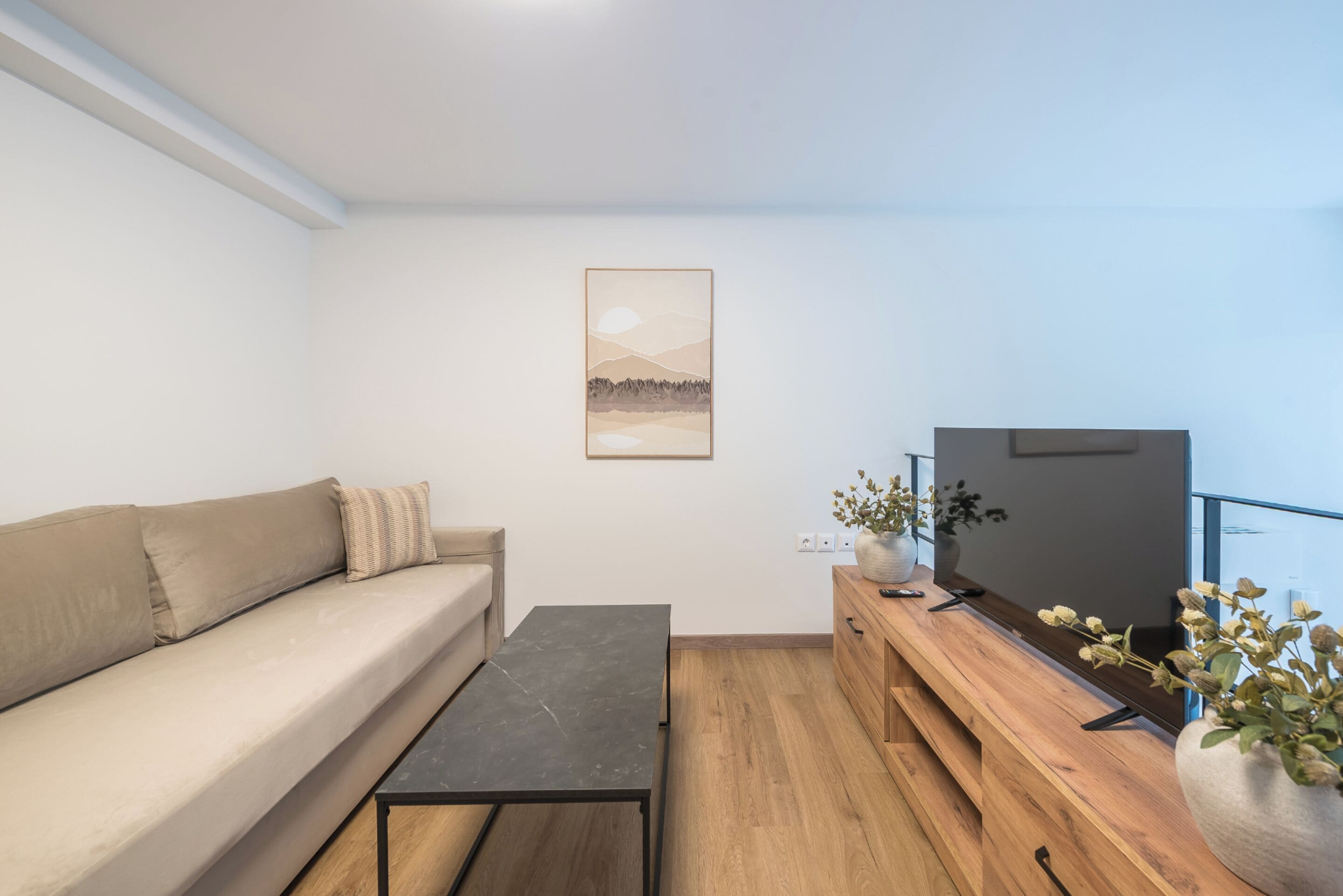 A modern living room with a sofa, a coffee table, a TV, and a wooden sideboard with decorative plants.