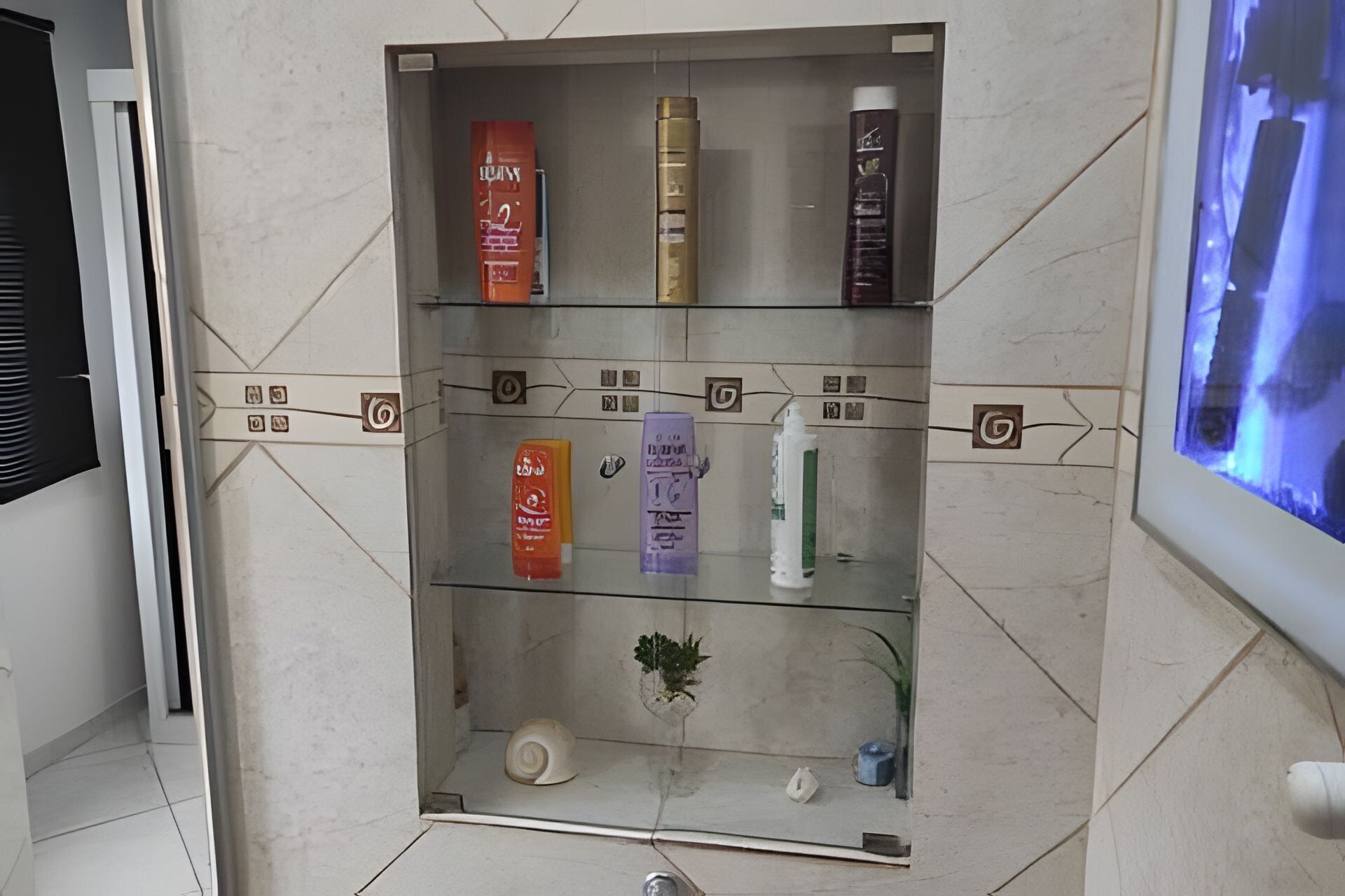 A bathroom with a glass shelf containing toiletries and a small plant.