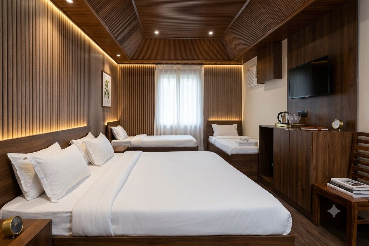 Une chambre d’hôtel avec un grand lit, deux petits lits, un lambris en bois, une télévision, une table de chevet avec une horloge et une bibliothèque.