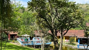 Una casa tradicional con techo de tejas, un pequeño estanque y un balcón azul con vistas al jardín.