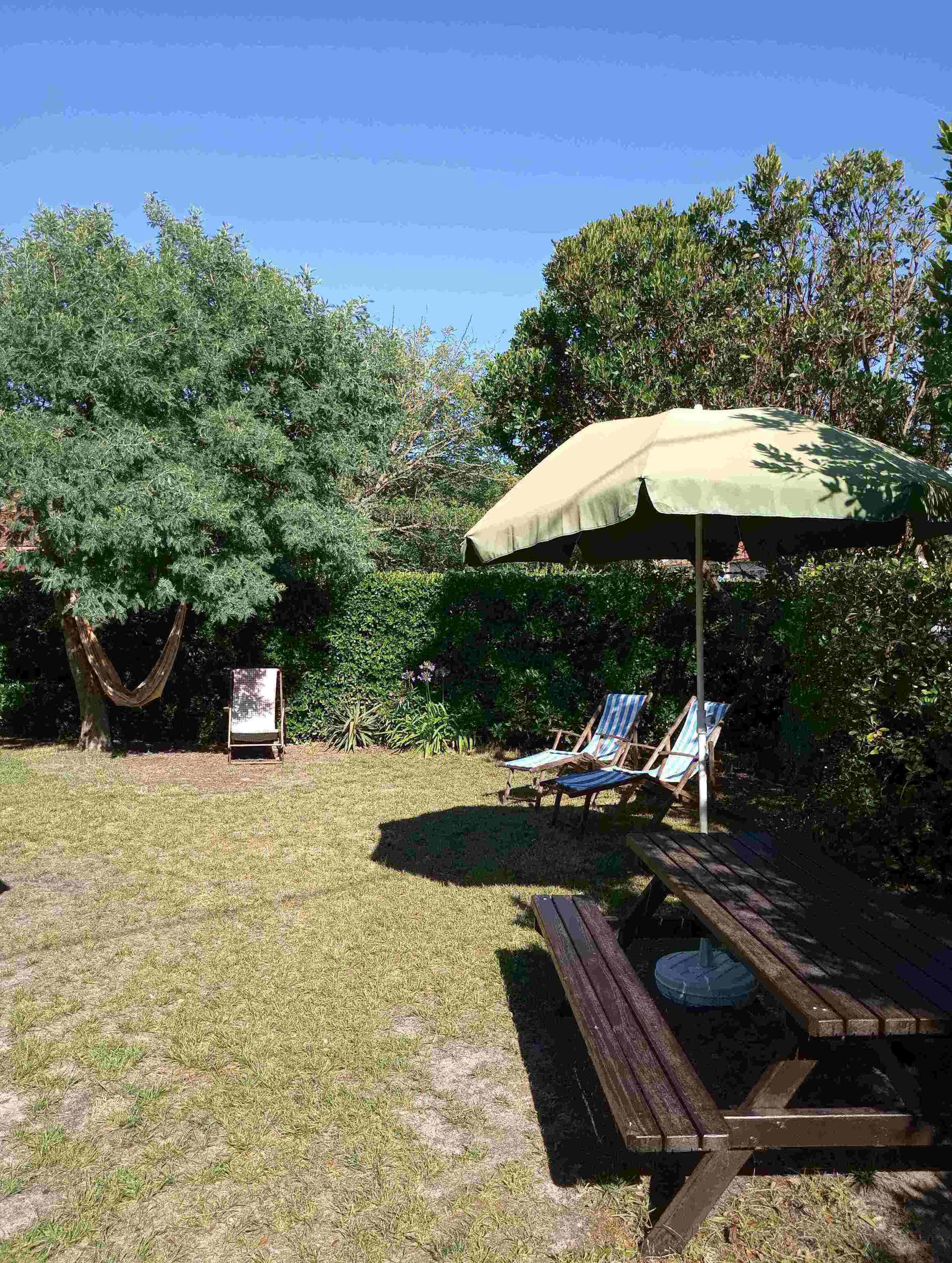 A backyard with a hammock, a picnic table, and two lounge chairs under a large umbrella.