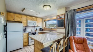 A compact kitchen with wooden cabinets, a microwave, a refrigerator, and a window with a scenic view. - Village At Breck Liftside 4504 Studio (Breckenridge)