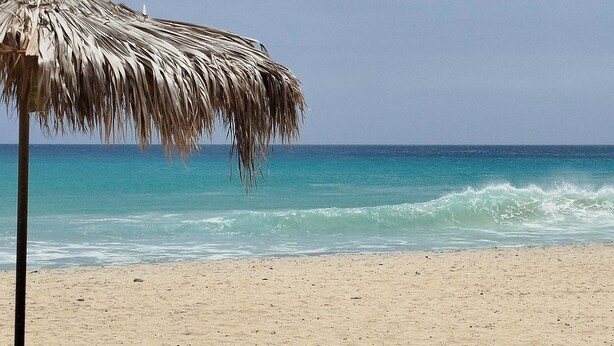 Uma praia com guarda-sol de palha e costa arenosa.