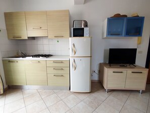 A compact kitchen with a stove, microwave, refrigerator, and a television on a stand. - ONDA DO MAR. Cozy apartment near the sea in Santa María (Santa Maria)