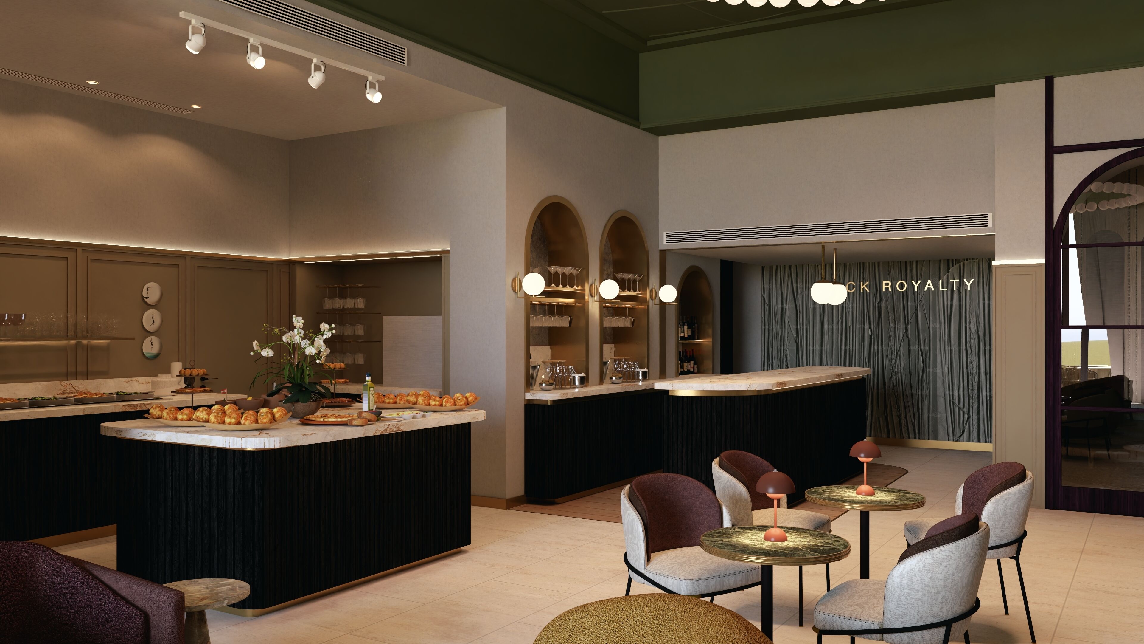 Uma cozinha moderna com ilha central, área de estar com mesas redondas e um bar com piano.