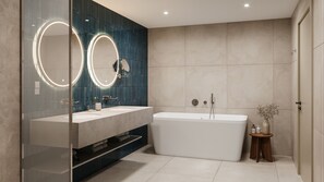 Ein modernes Badezimmer mit zwei Waschbecken, einer Badewanne und einem großen Spiegel mit runden Lichtern.