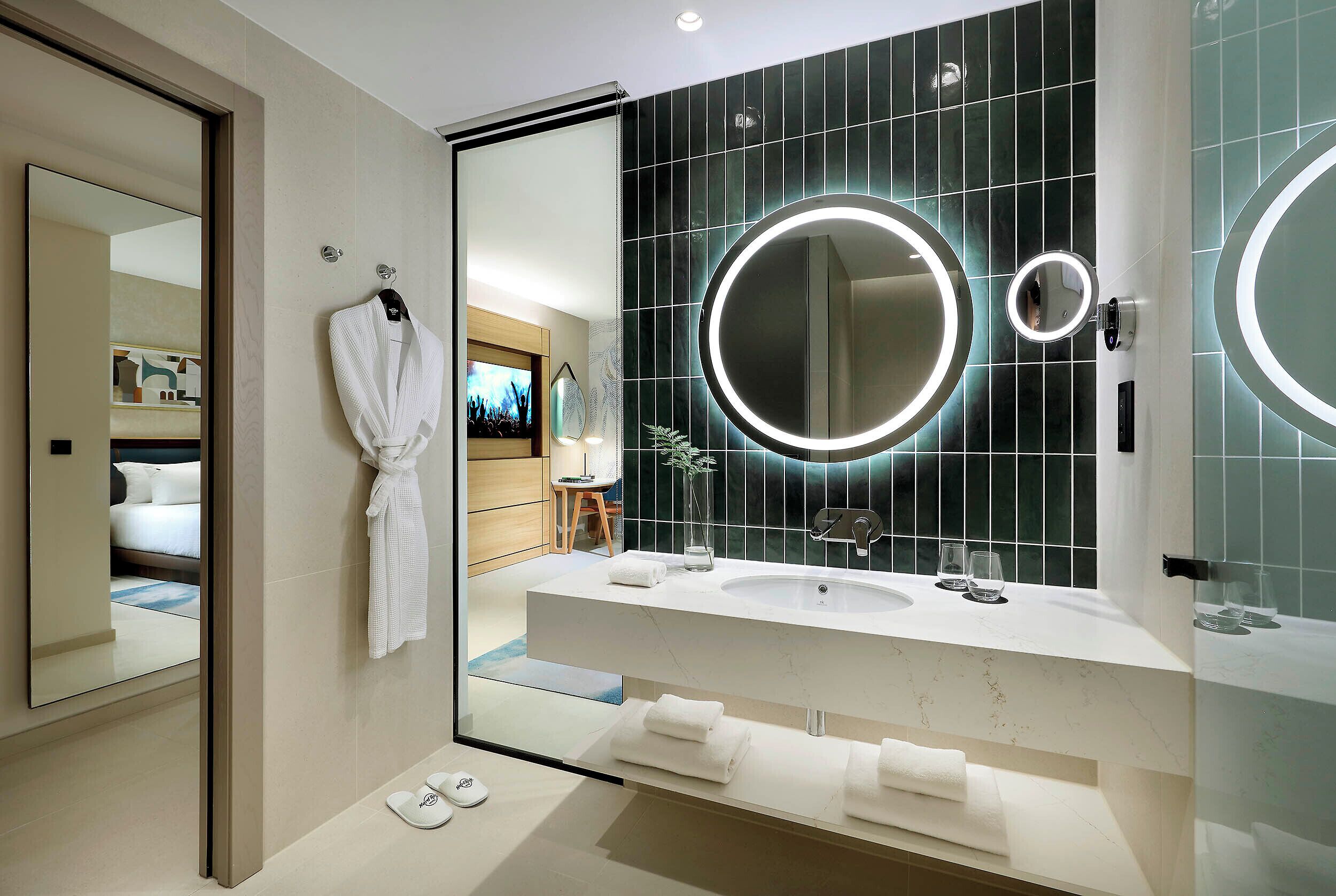 Hair dryer, bathrobes, towels, soap