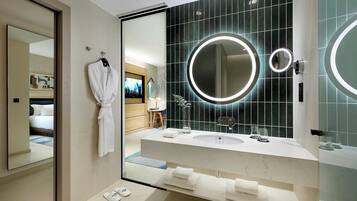 Hair dryer, bathrobes, towels, soap