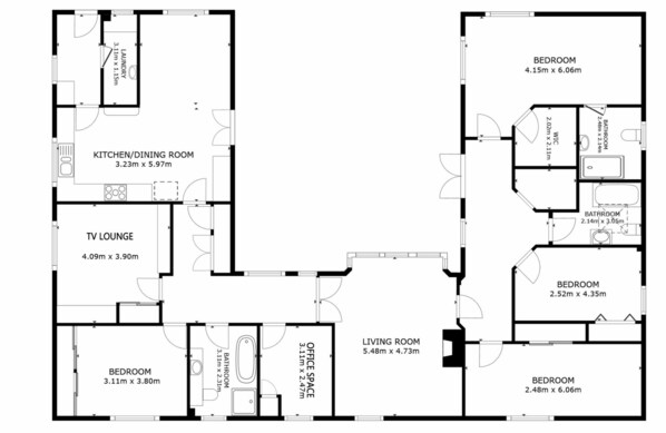 Un plan d’étage comprenant un salon avec télévision, une cuisine/salle à manger, un séjour et plusieurs chambres.