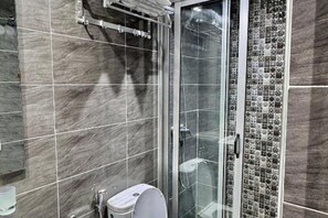 Shower, hair dryer, bidet, towels