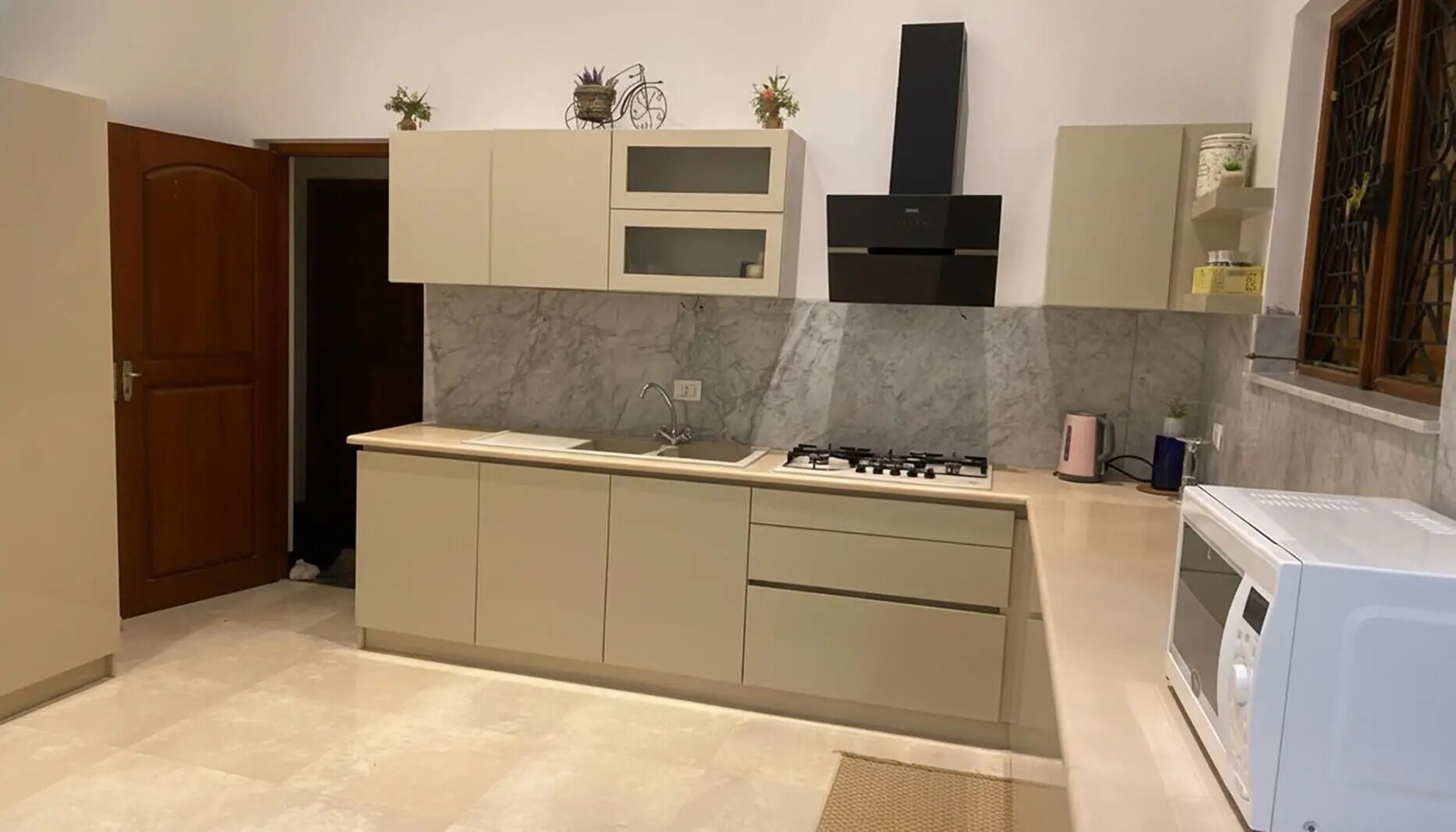 Fridge, oven, electric kettle, toaster