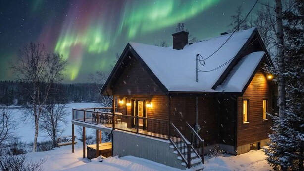 Une cabane en bois dotée d’un balcon, entourée de neige, sous un ciel nocturne illuminé par des aurores boréales.