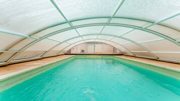An indoor swimming pool with a curved ceiling and clear glass walls.