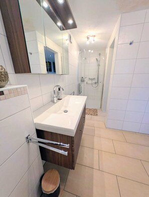 Dusche, Haartrockner, Handtücher, Seife