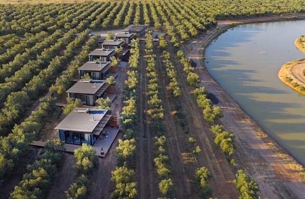 Un complexe hôtelier moderne composé de plusieurs bâtiments alignés le long d’un plan d’eau, entouré d’allées d’arbres.