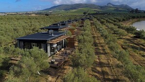 A row of modern cabins with flat roofs, arranged along a dirt path beside a body of water, with hills in the background. - Olijvenkraal Winelands Lodge (Paarl)